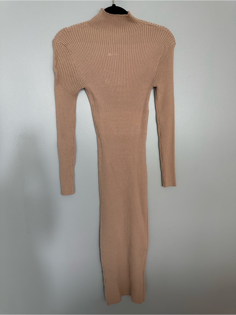 SHEIN Ribbed Long Sleeve Mock Neck Midi Dress - Beige